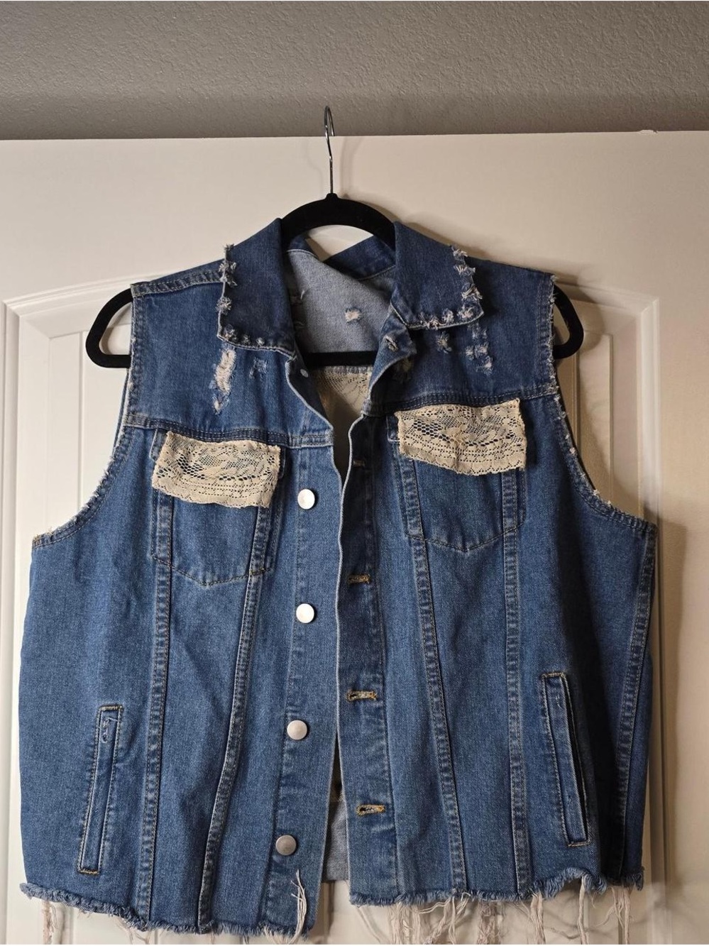 Denim Sleeveless Vest with Lace Trim - Blue